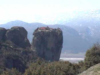 The Monastery of the Holy Trnity perched on top of a rock in Meteora